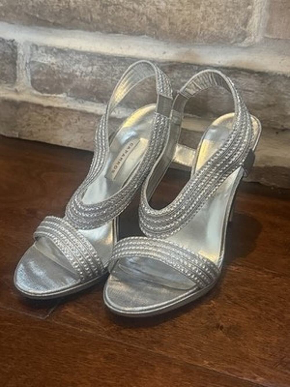 Caparros Silver Rhinestone Strappy Stiletto Sandals Open Toe Size 7B Cocktail